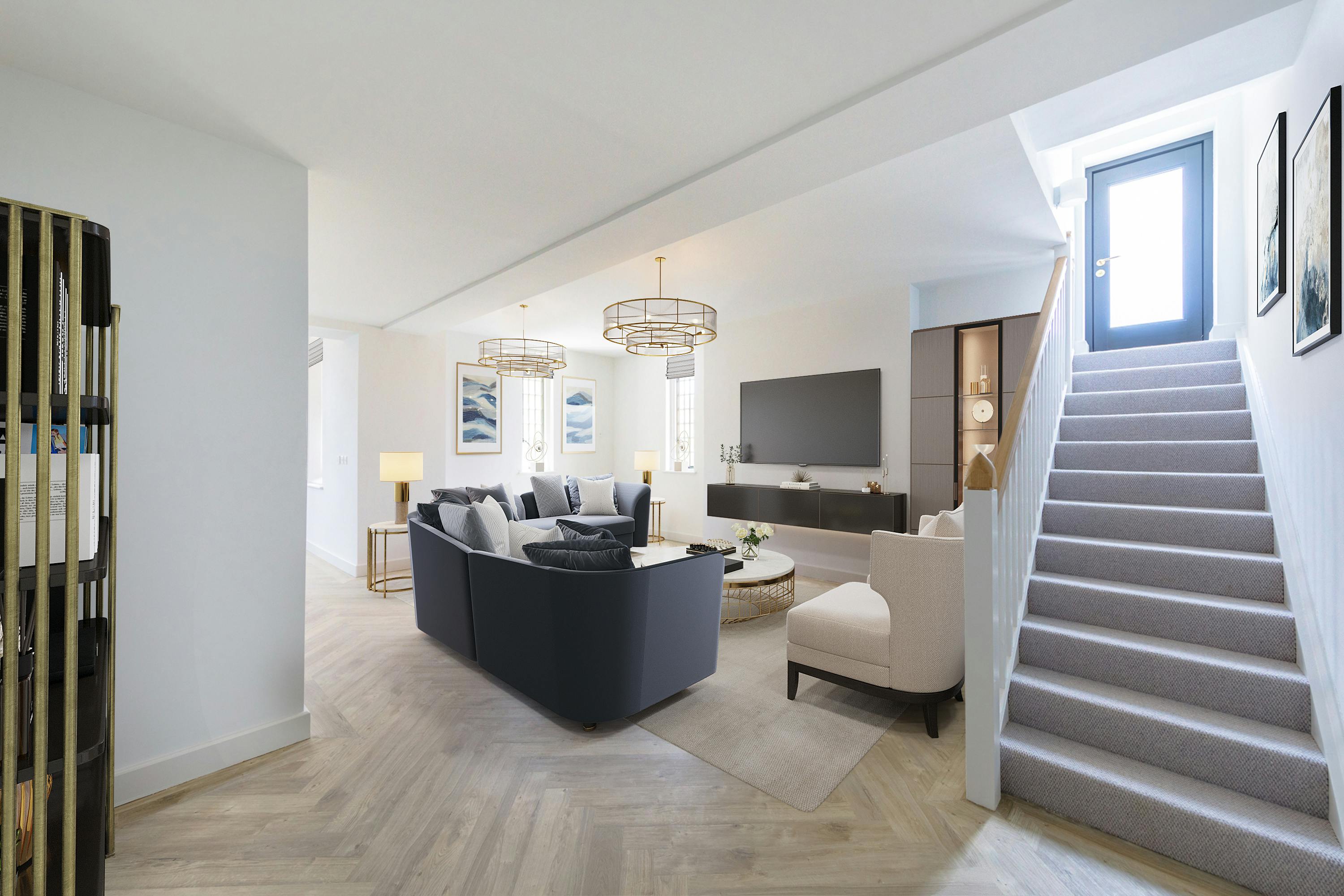 Caption: a living room filled with furniture and a stair case