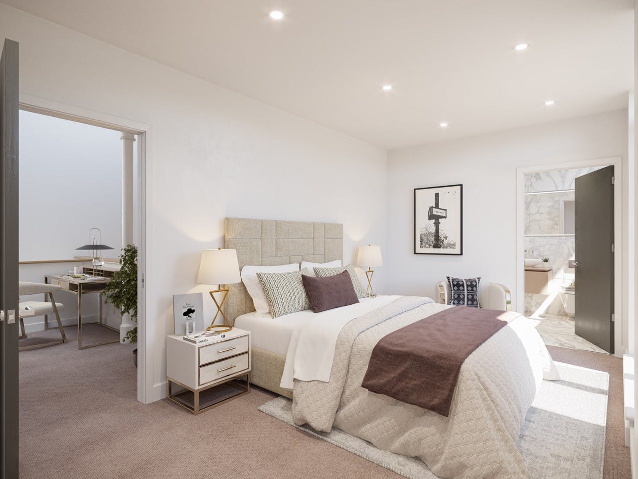 Caption: a bedroom with a bed and a desk