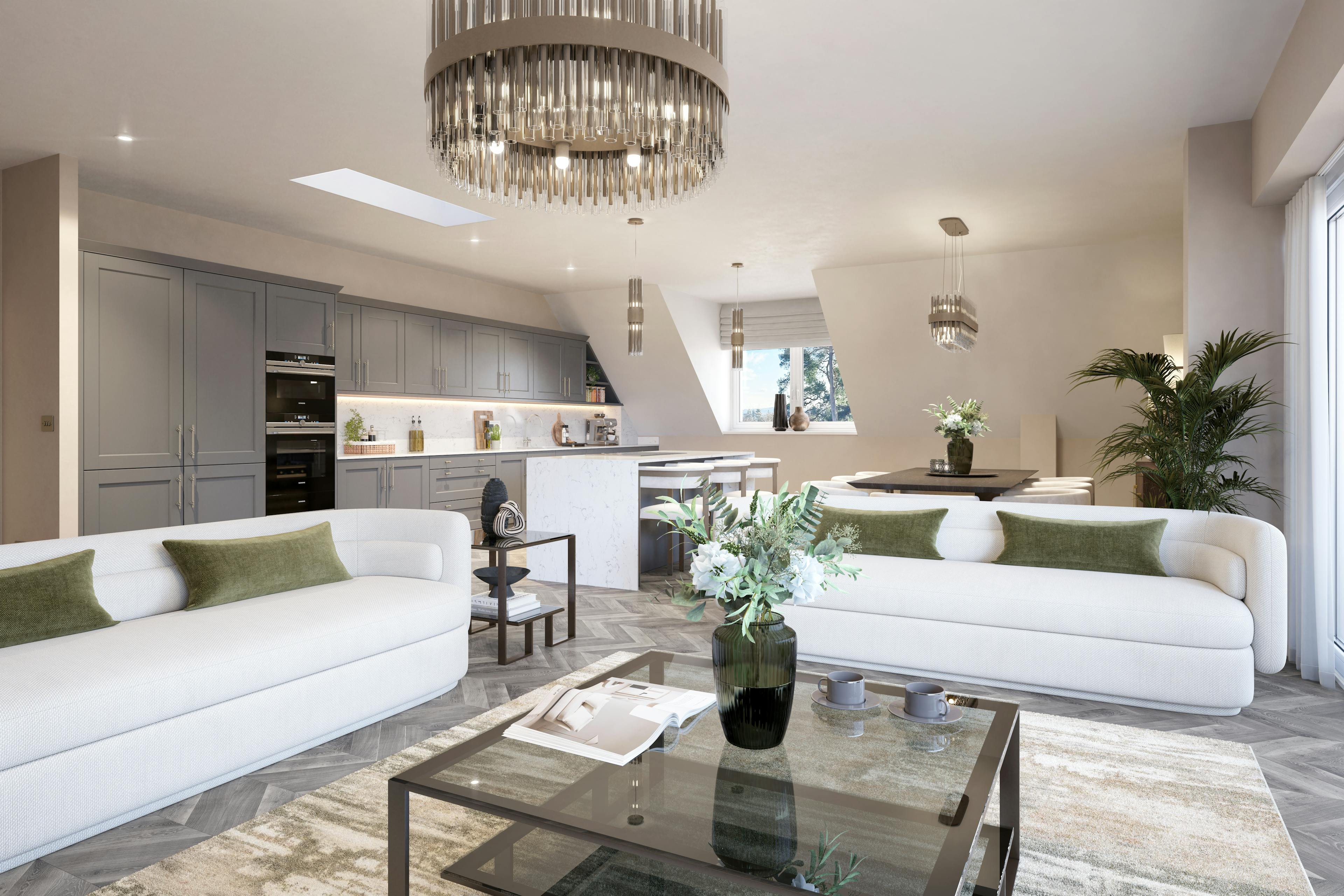 Caption: a living room filled with furniture and a chandelier