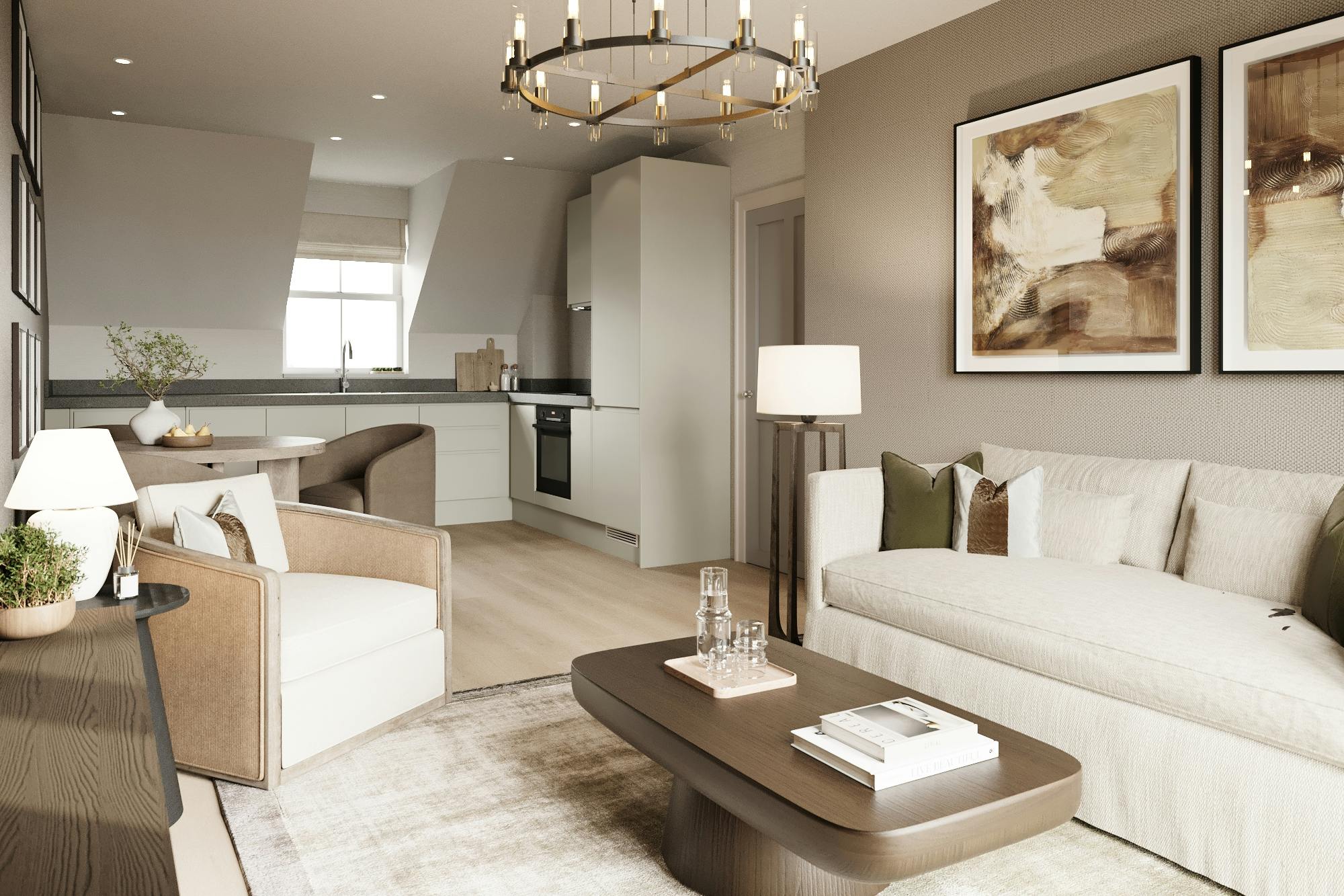 Caption: a living room filled with furniture and a chandelier