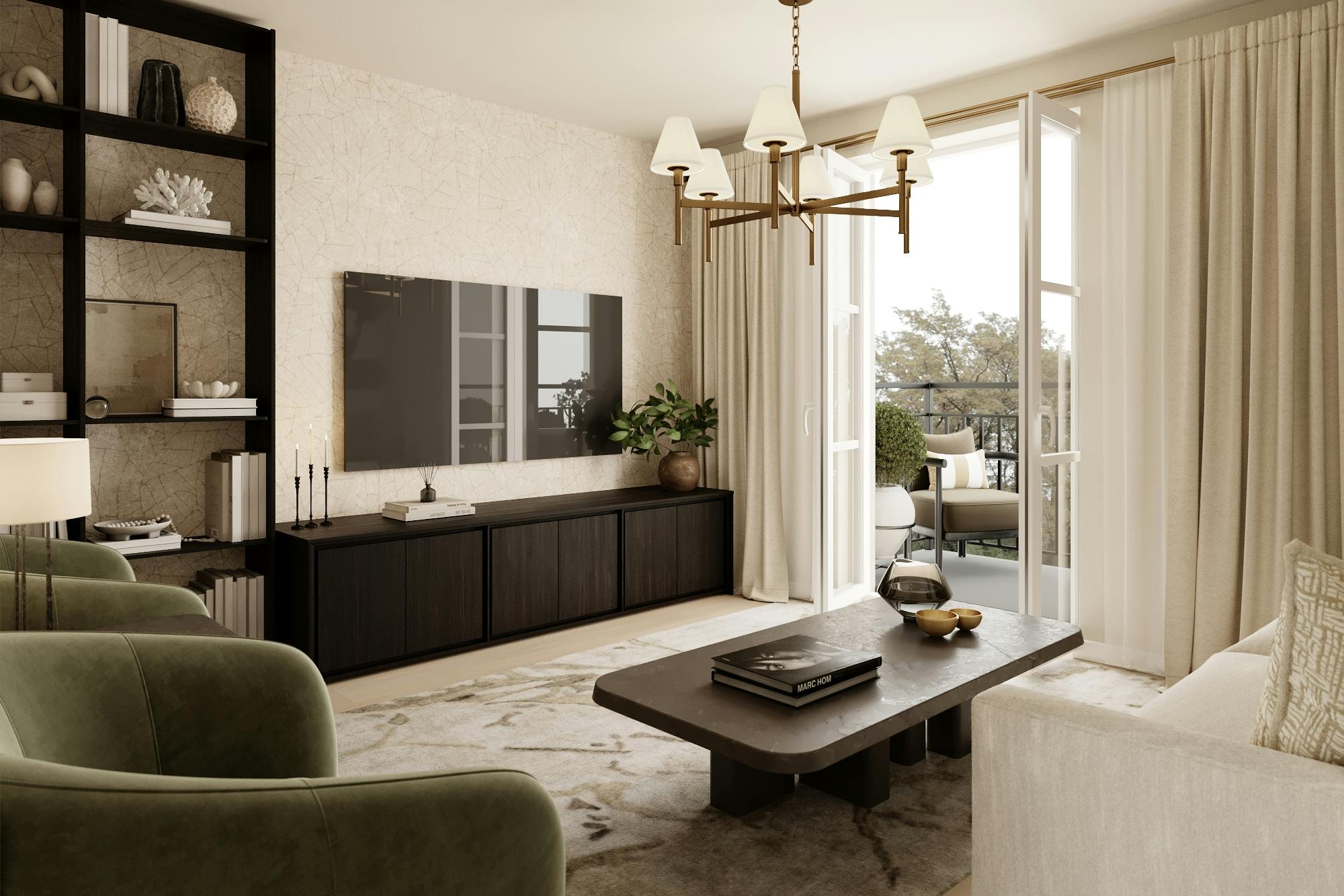 Caption: a living room filled with furniture and a flat screen tv