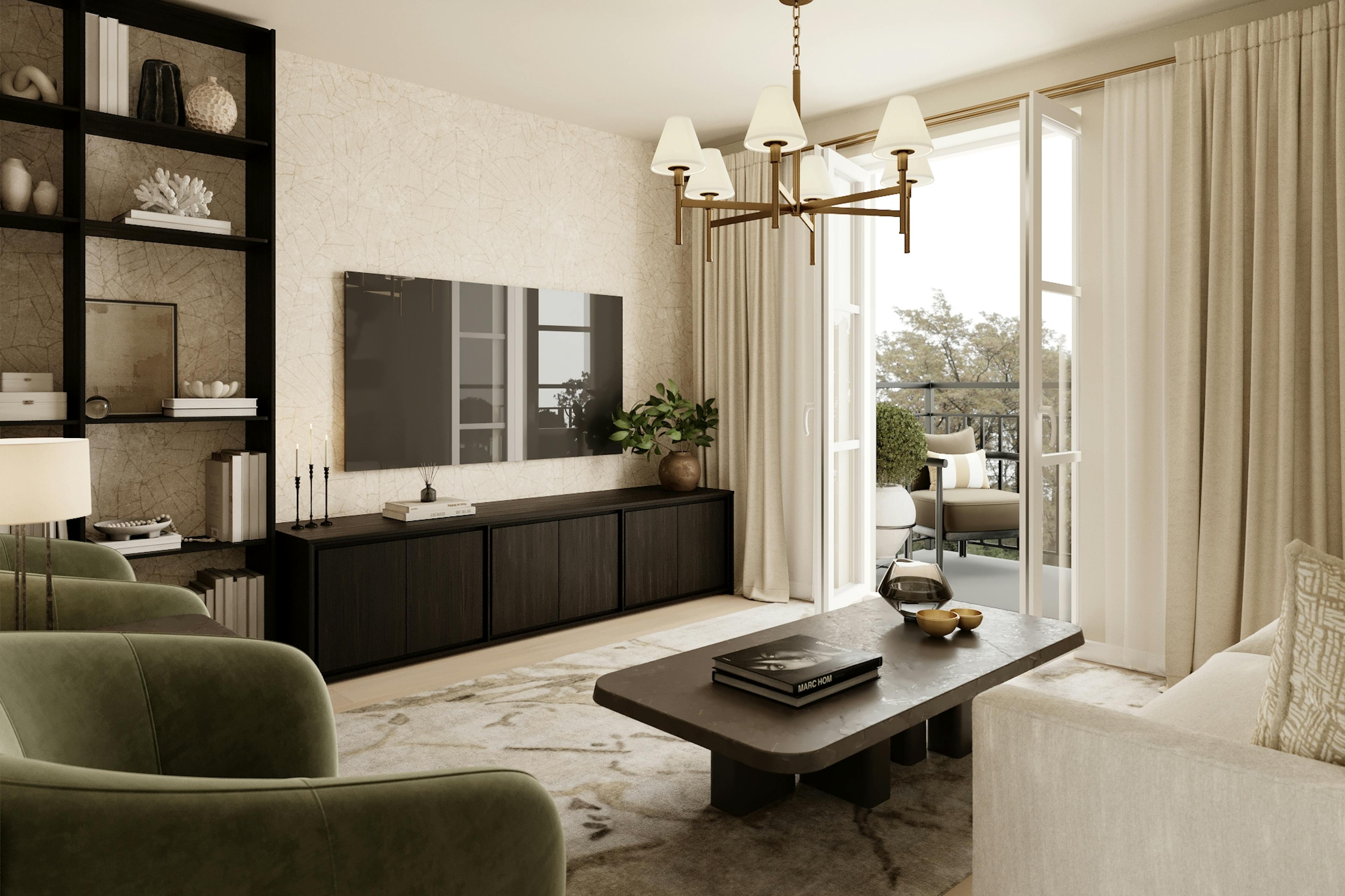 Caption: a living room filled with furniture and a flat screen tv