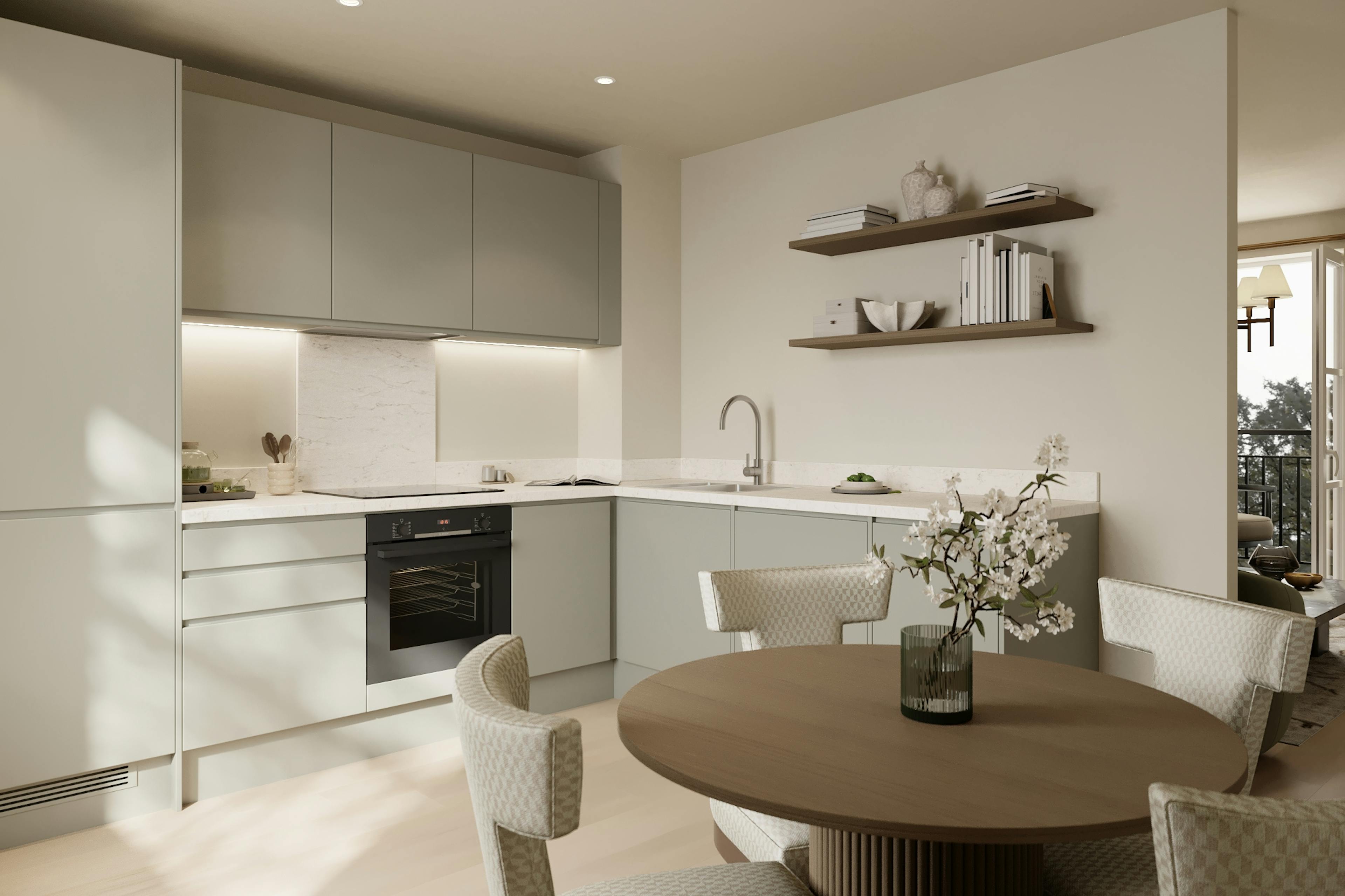 Caption: a kitchen with a table and chairs and a stove