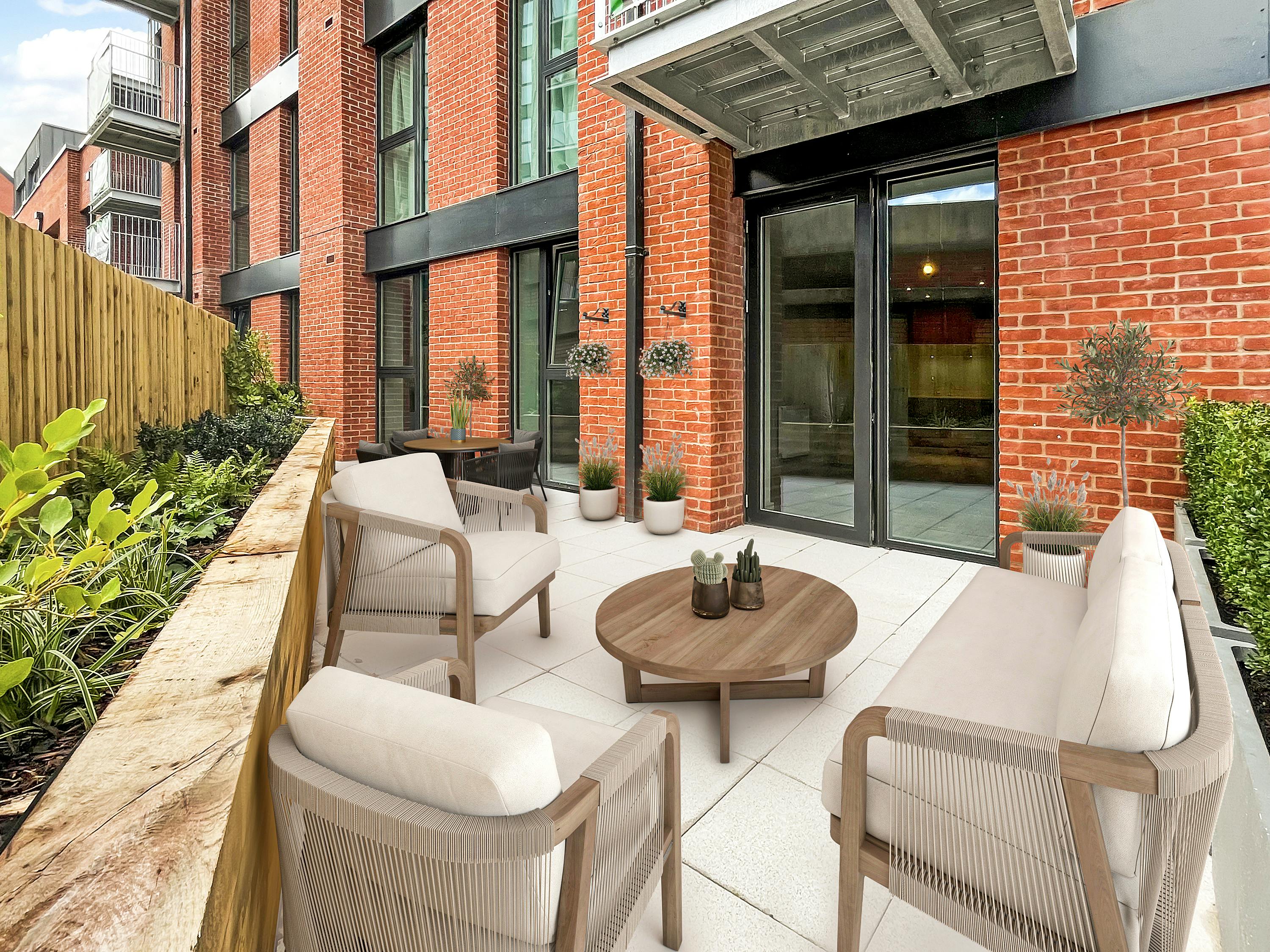 Caption: a patio with chairs and a table on it