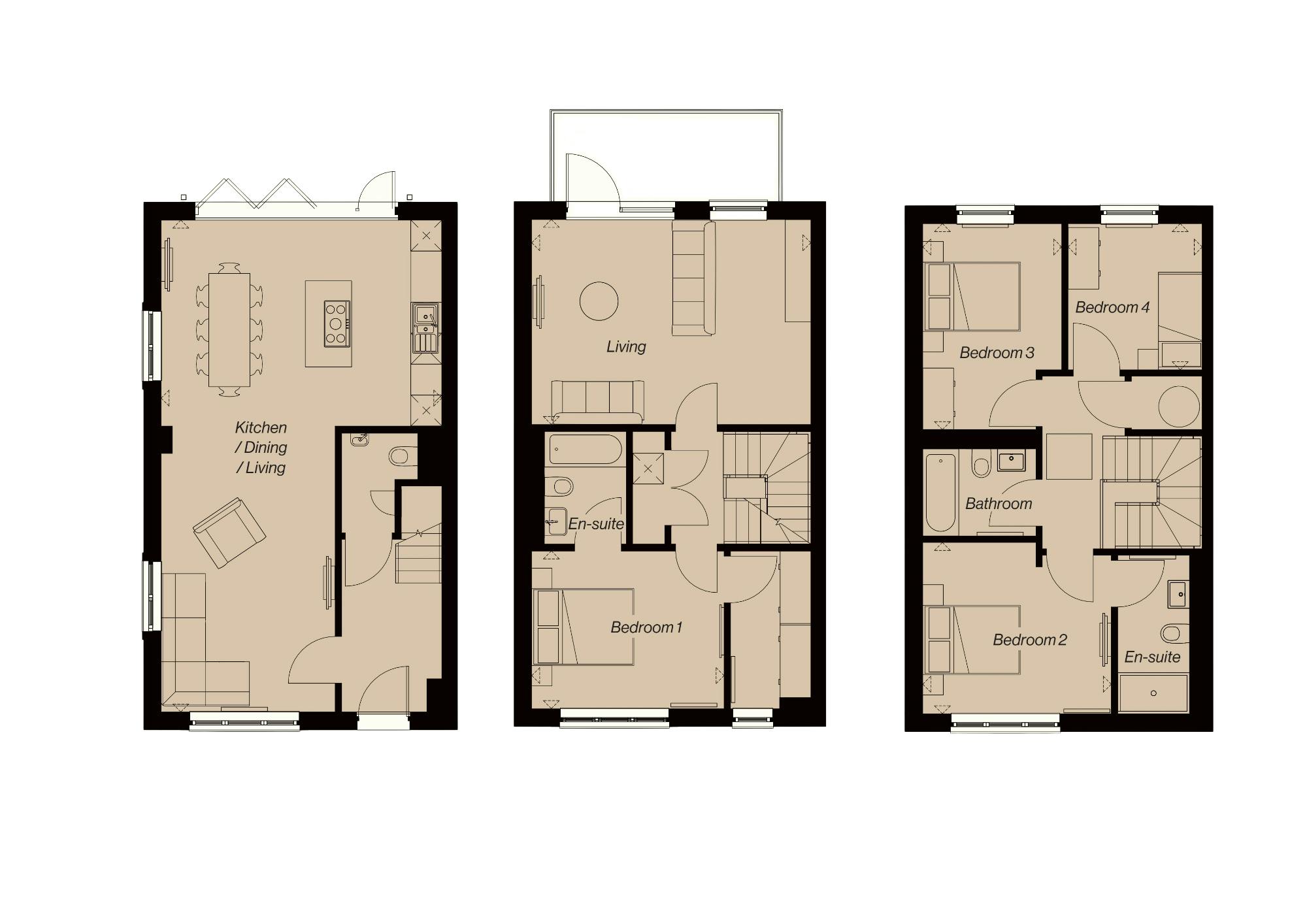 Caption: three floor plans of a three bedroom apartment