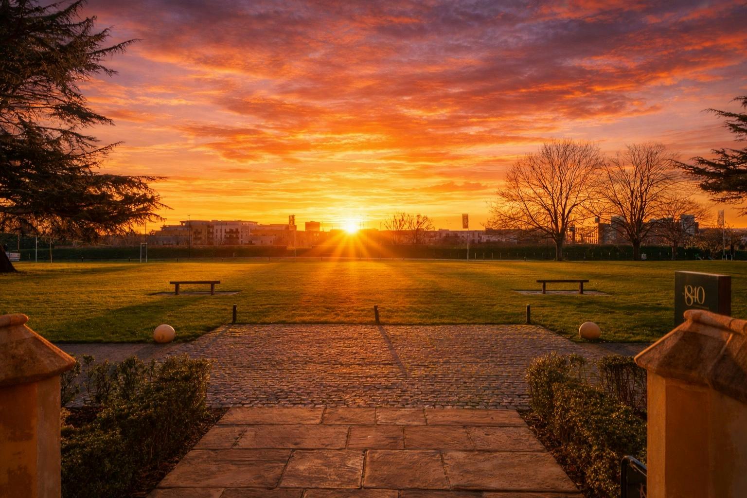 Caption: the sun is setting over a park with benches