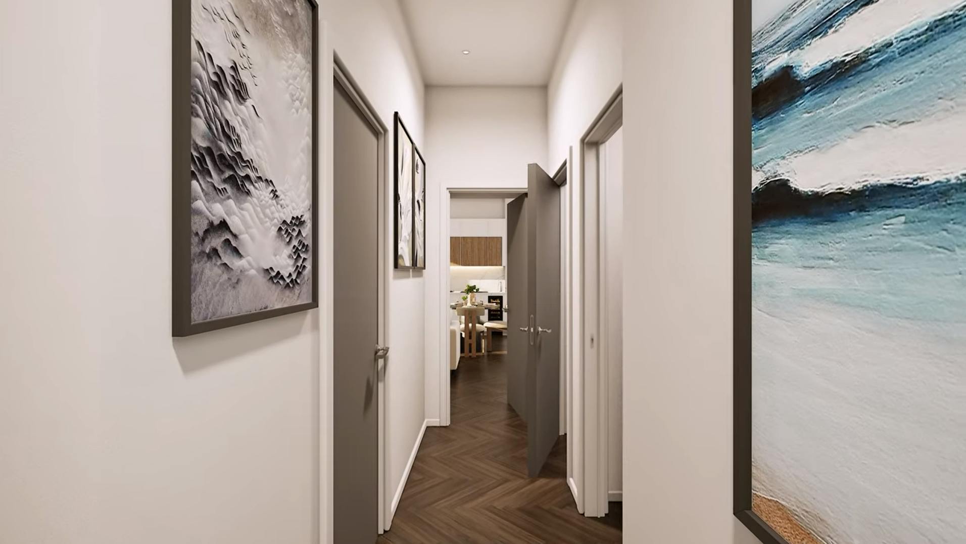 Caption: a long hallway with a painting on the wall