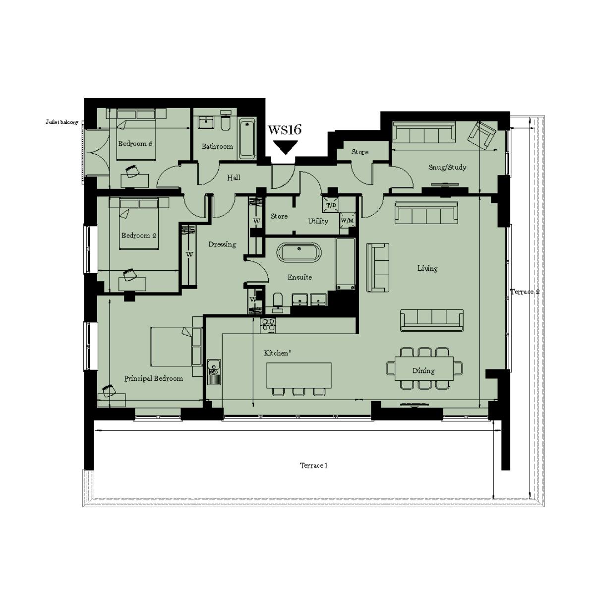 Caption: a floor plan of a three bedroom apartment