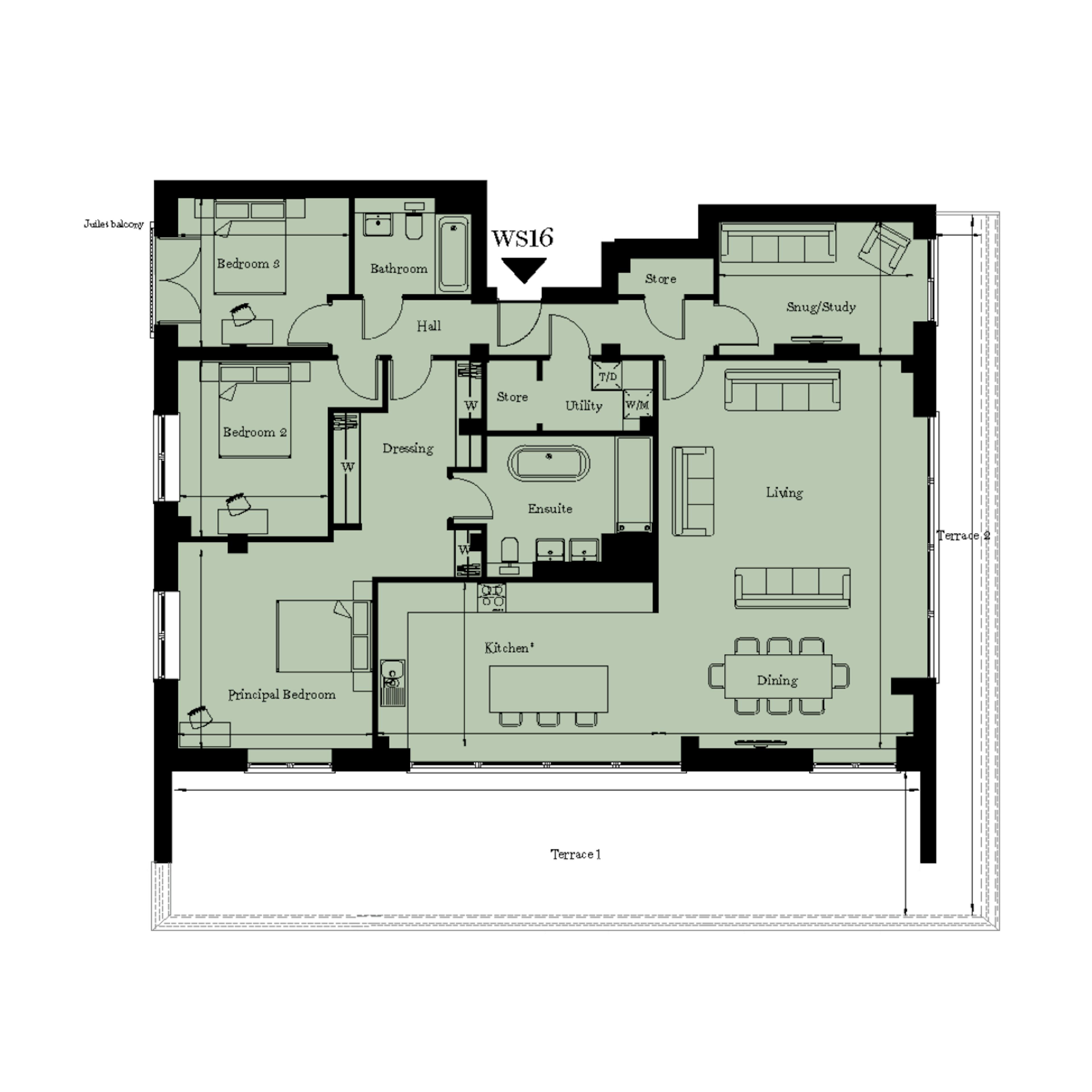 Caption: a floor plan of a three bedroom apartment