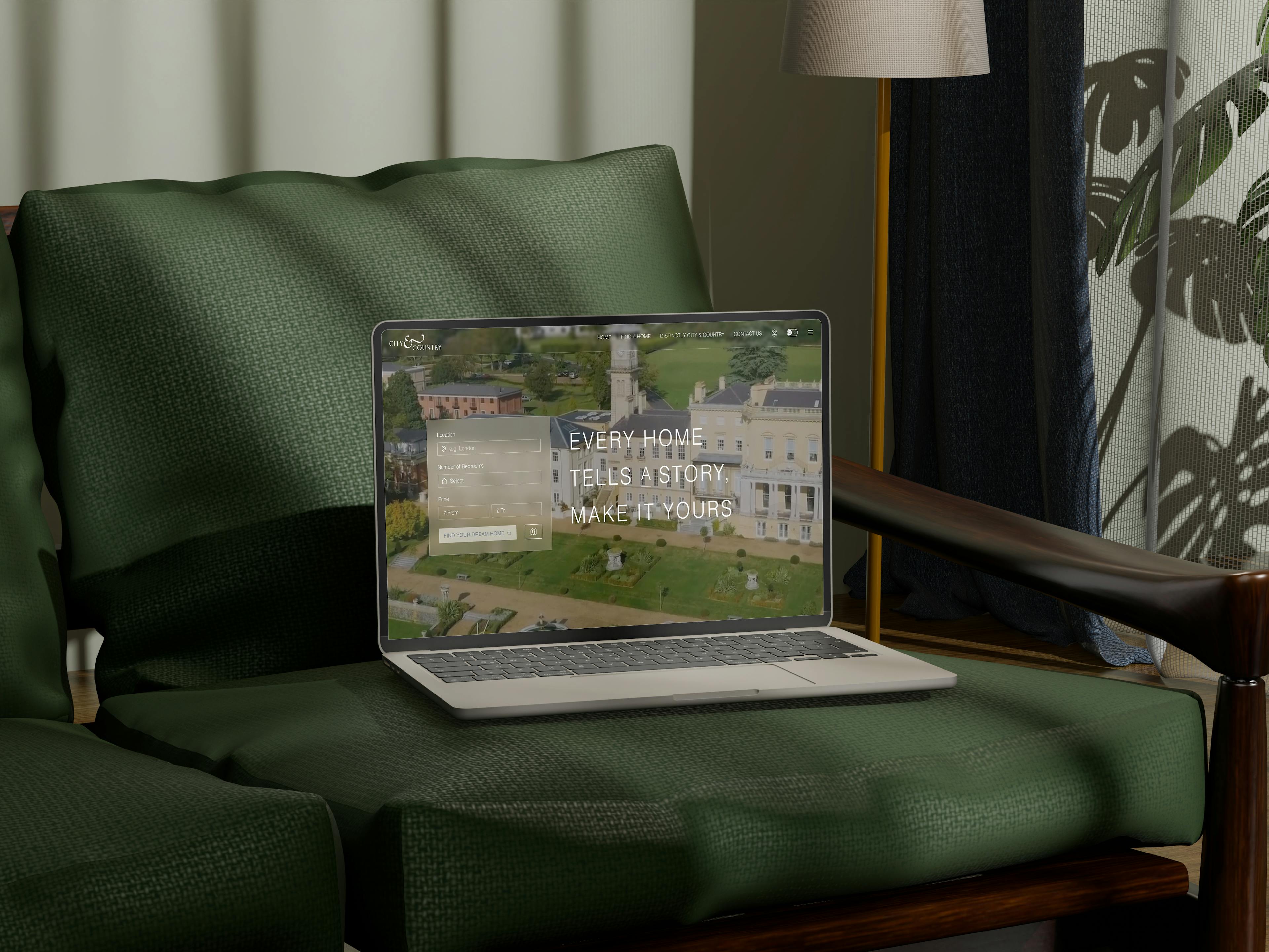 Caption: a laptop computer sitting on top of a green couch