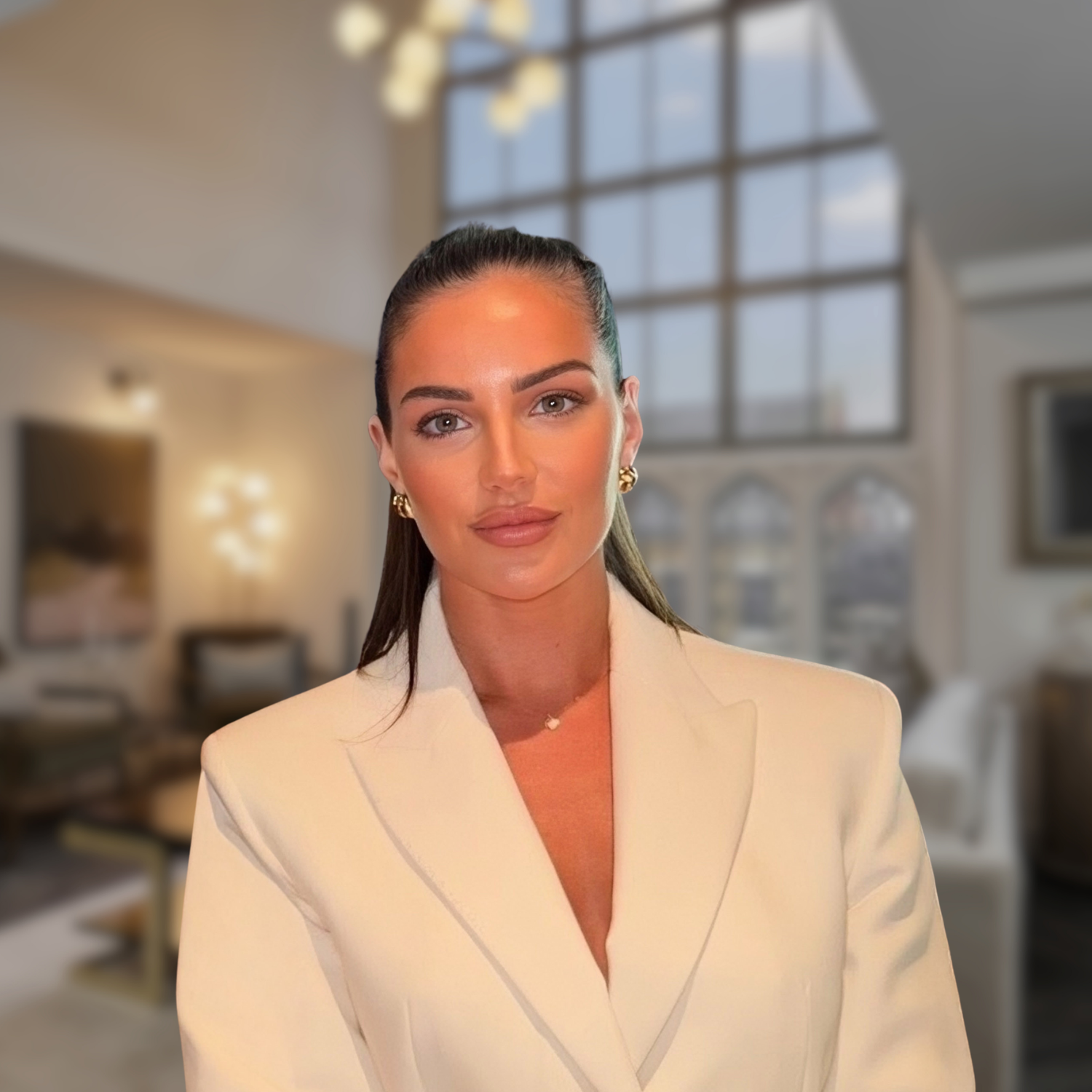 Caption: a woman in a white suit posing for a picture