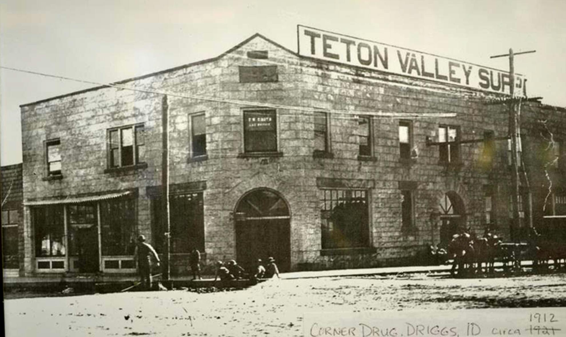 1912 photograph of Corner Building in Driggs Idaho