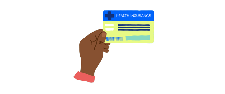 Multicolor illustration of hand holding a health insurance card.