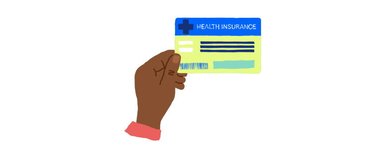 Multicolor illustration of a hand holding a health insurance card