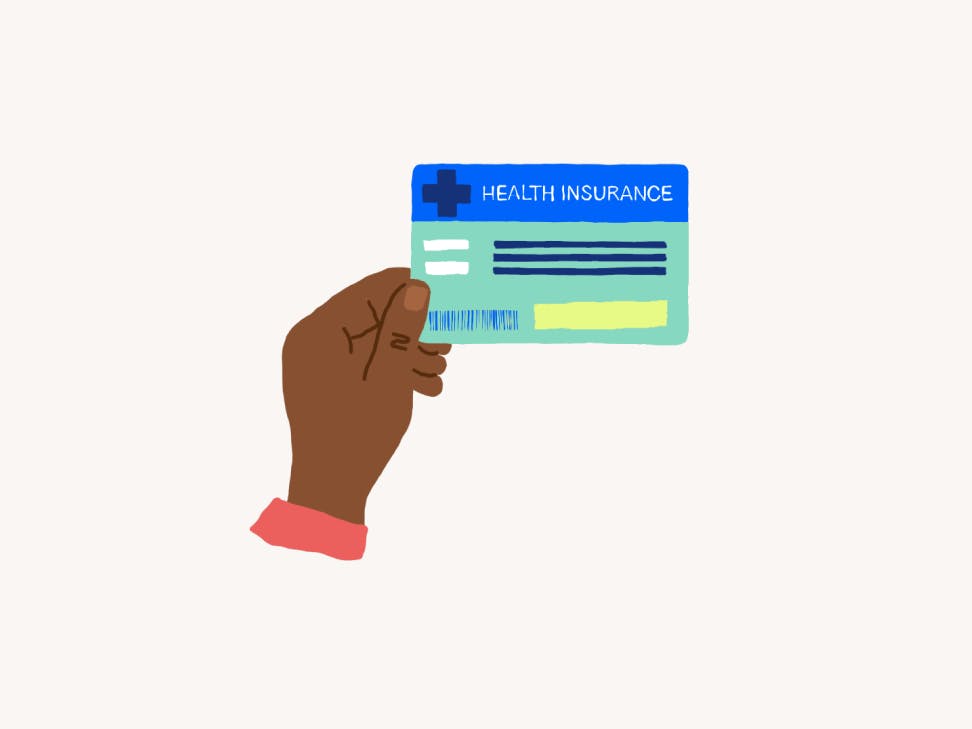 Multicolor illustration of hand holding an insurance card