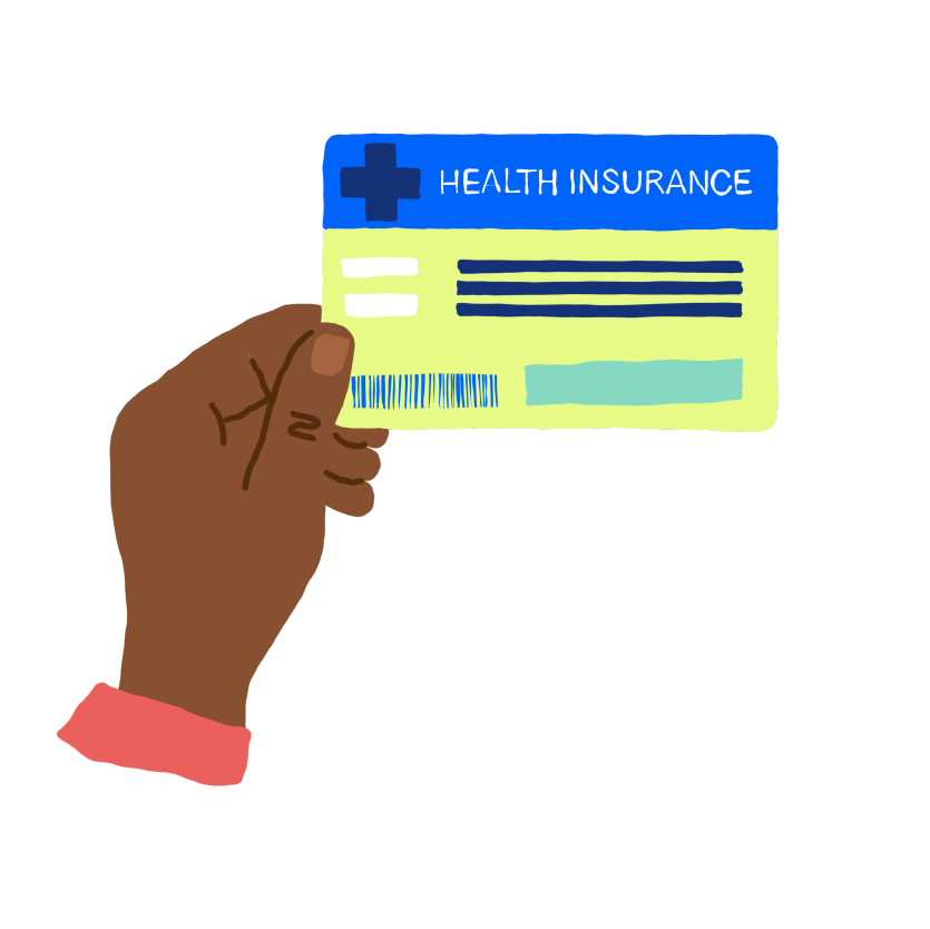 Illustration of hand with brown skin tone holding an insurance card.