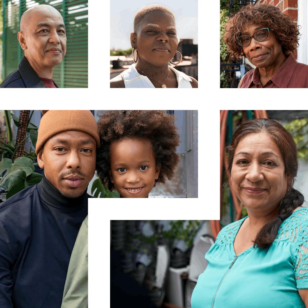 Image collage in shape of Cityblock logo with people smiling
