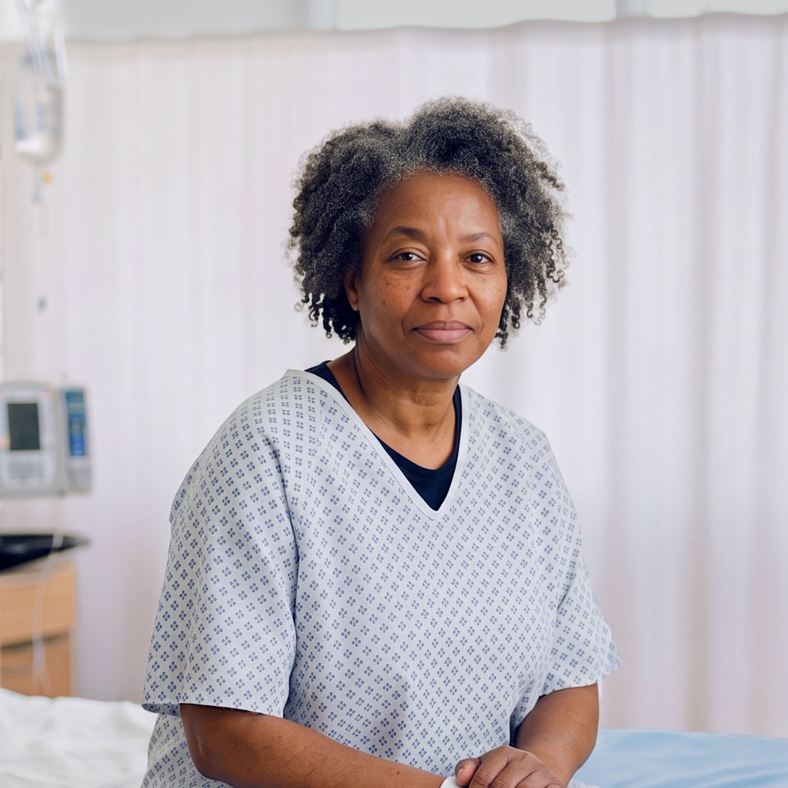 Image of a senior member sitting on a hospital bed wearing a patterned patient gown while looking at the camera.