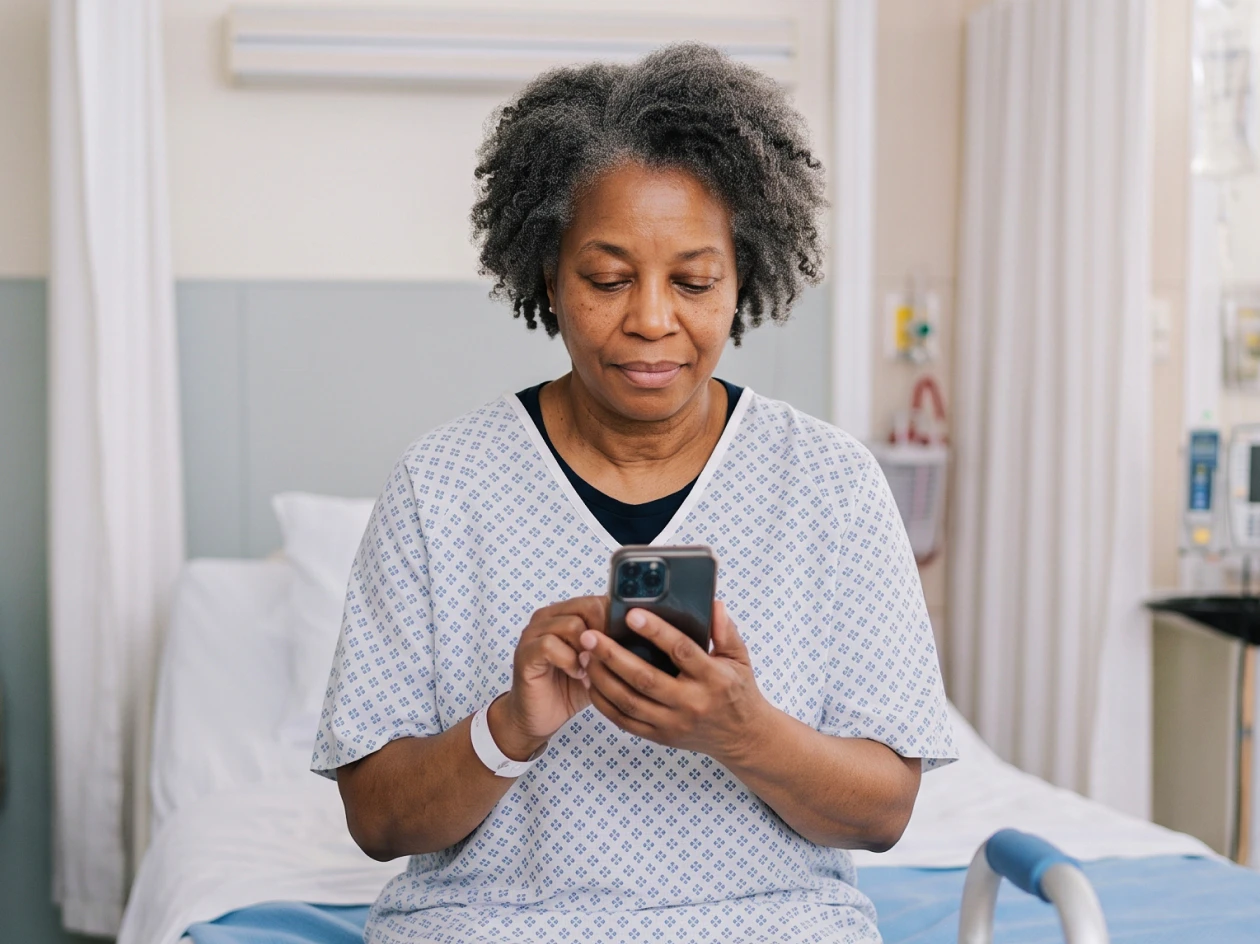 Image of a senior member in a hospital gown sitting on a bed and using her smartphone in a hospital room.