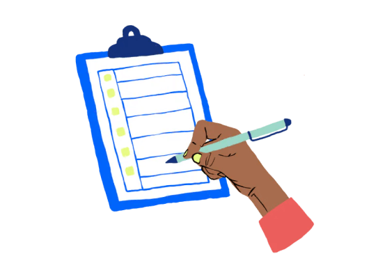 Illustration of a hand using a pen to write on a clipboard