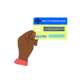 Multicolor illustration of a hand holding an insurance card.