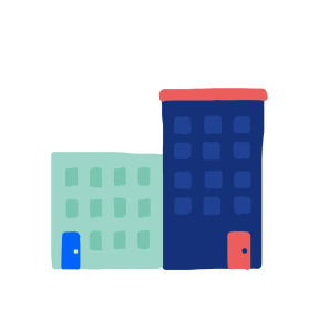Multicolor illustration of an apartment building with doors.