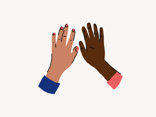 Multicolor illustration of set of hands in the air.