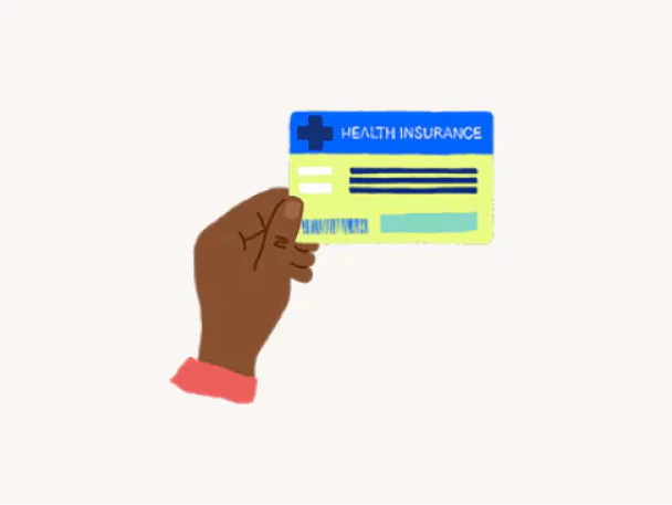 Multicolor illustration of a hand holding an insurance card.