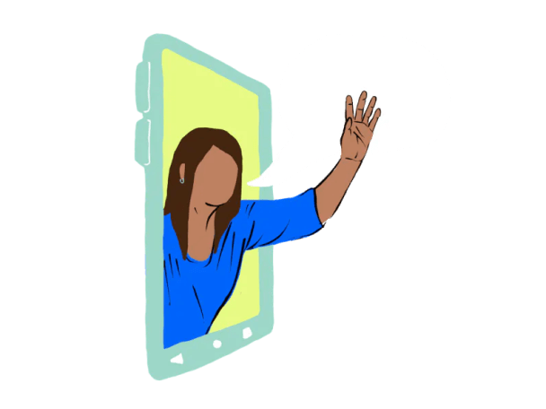 Multi color illustration of phone screen and person waving