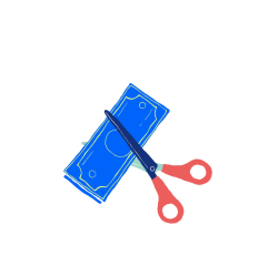 Multicolor illustration of a bill being cut by scissors
