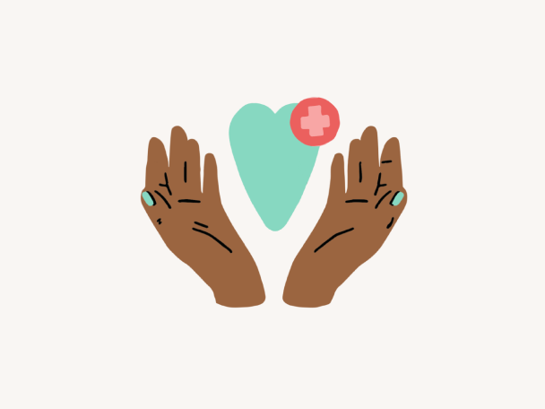 Multicolor illustration of two hands around a floating heart.