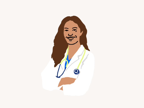 Multicolor illustration of a female doctor wearing a white coat.