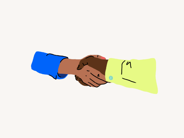 Multicolor illustration of two hands in a handshake.