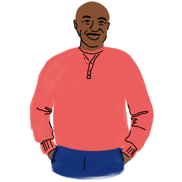 Multicolor illustration of a man standing with hands in his pocket.