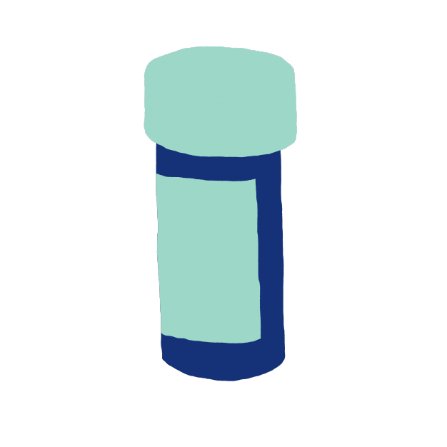 Multicolor illustration of a medication bottle.