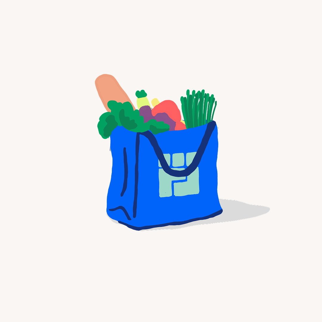 Illustration of a blue shopping bag with green, red, and orange produce.