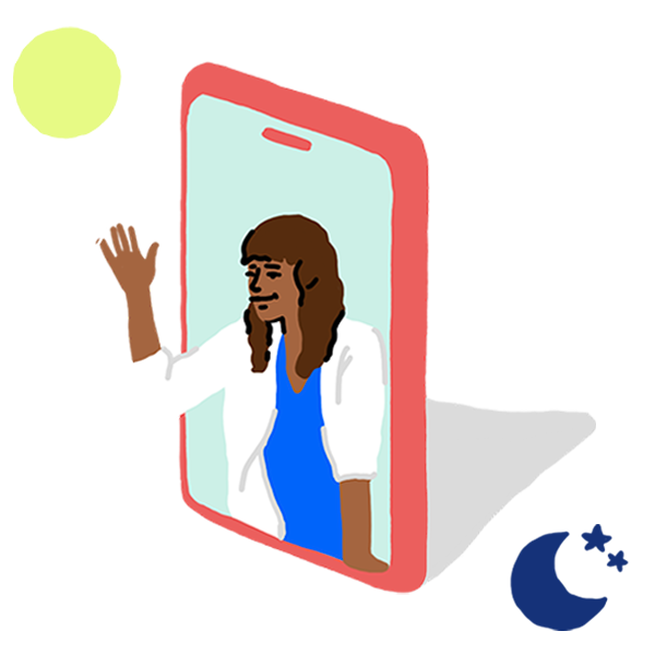 Multi-color illustration of a doctor waving from inside a smartphone