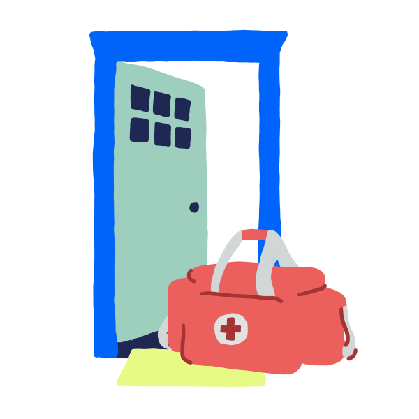 Multi-color illustration of an open door, medical bag, and stethoscope