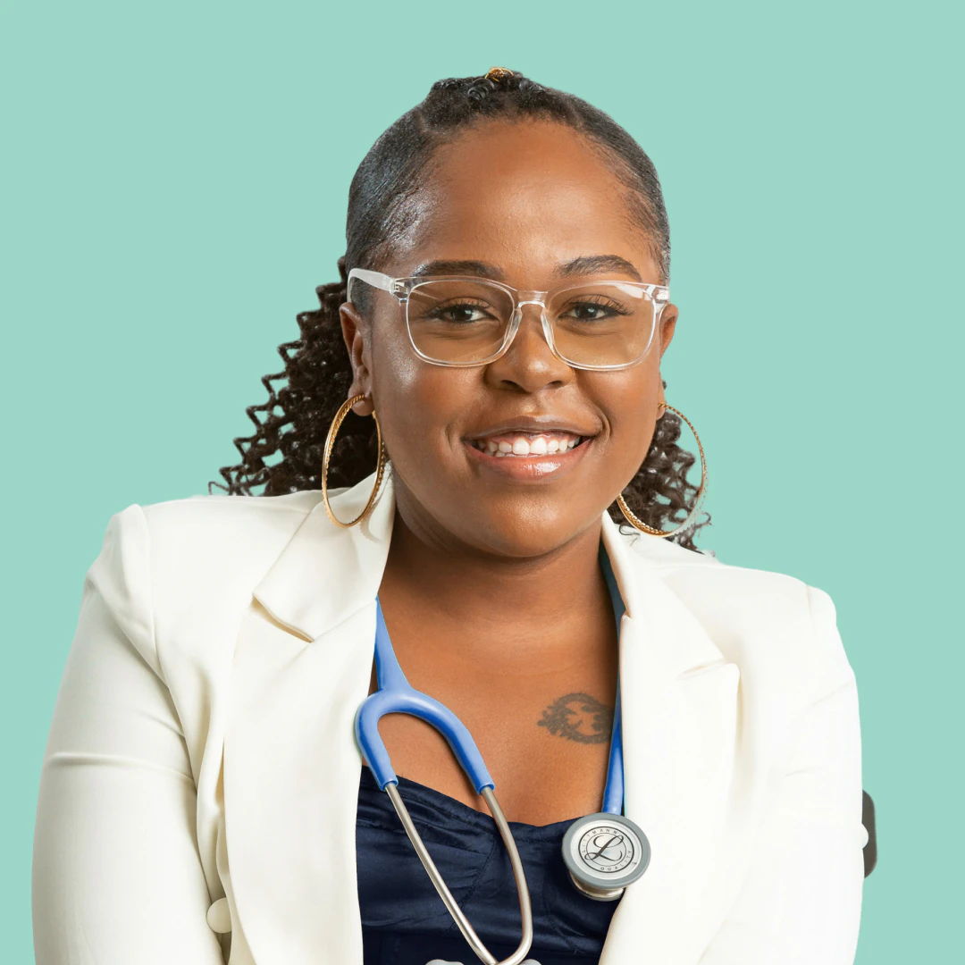 Image of a smiling doctor with a stethoscope, wearing a white lab coat over a teal background.