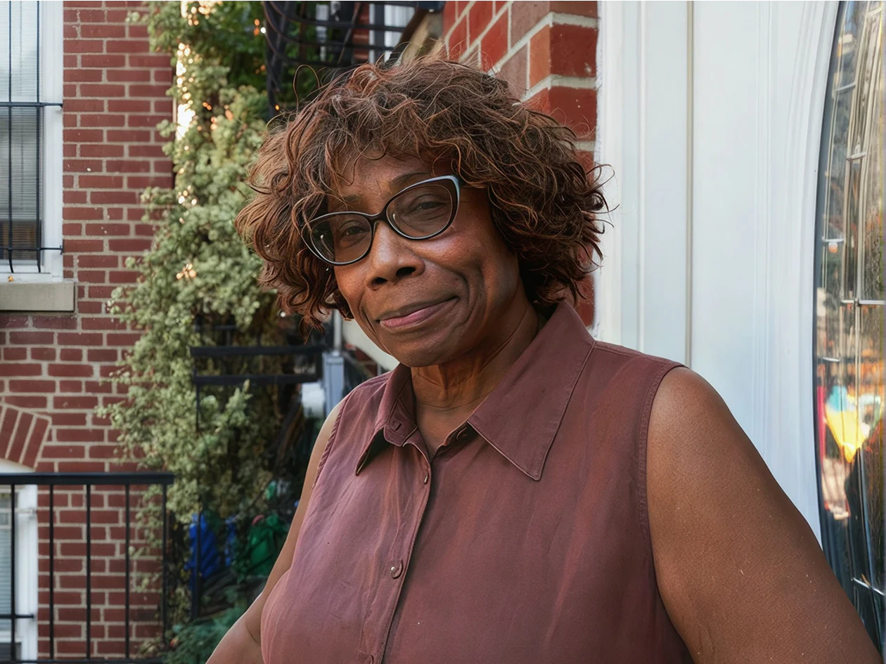Image of an older member with short curly hair and glasses wearing a sleeveless top standing outside near a brick building.