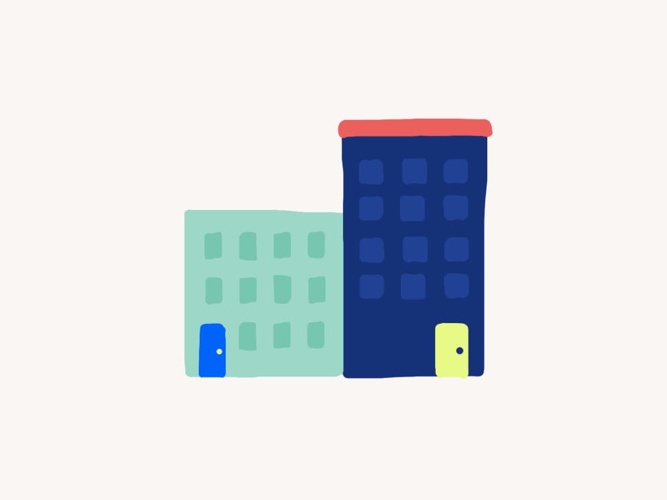 Multicolor illustration of two buildings with doors.