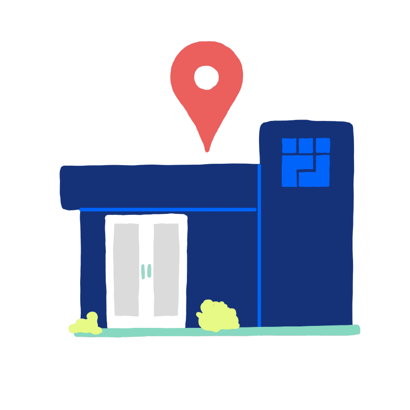 Multicolor illustration of building with map pin.