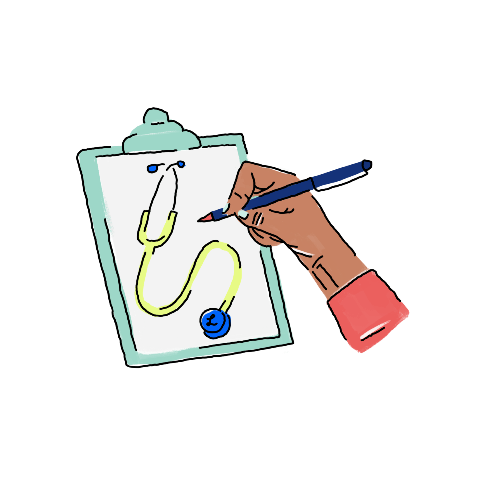Multicolor illustration of hand with pen writing on clipboard.