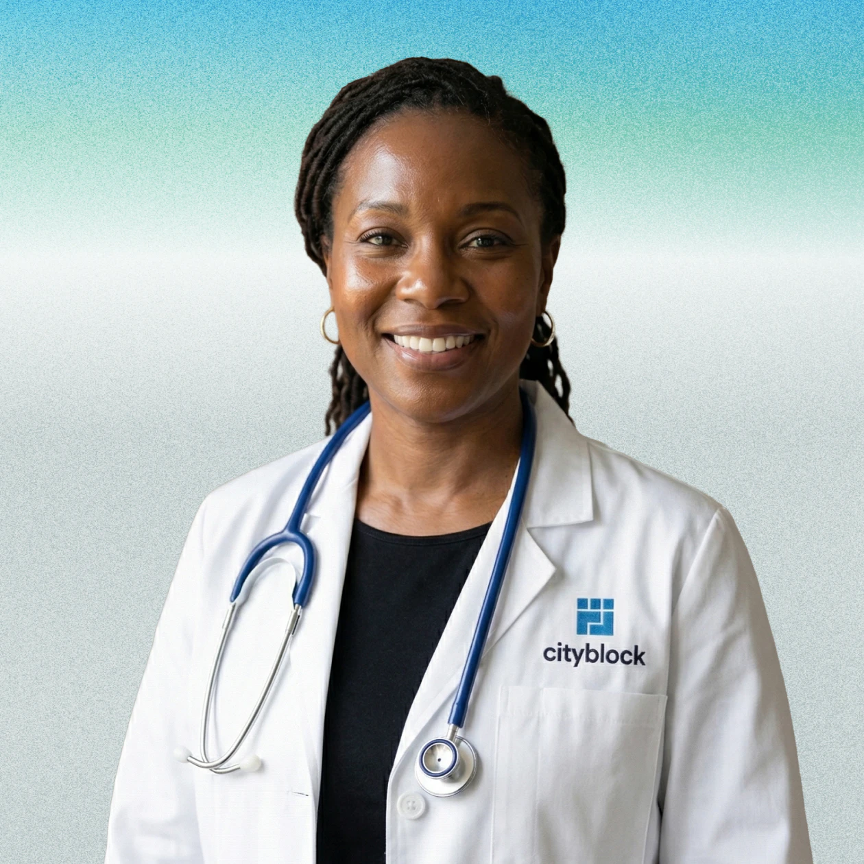 Image of a smiling female doctor wearing a white lab coat and blue stethoscope against a gradient background.