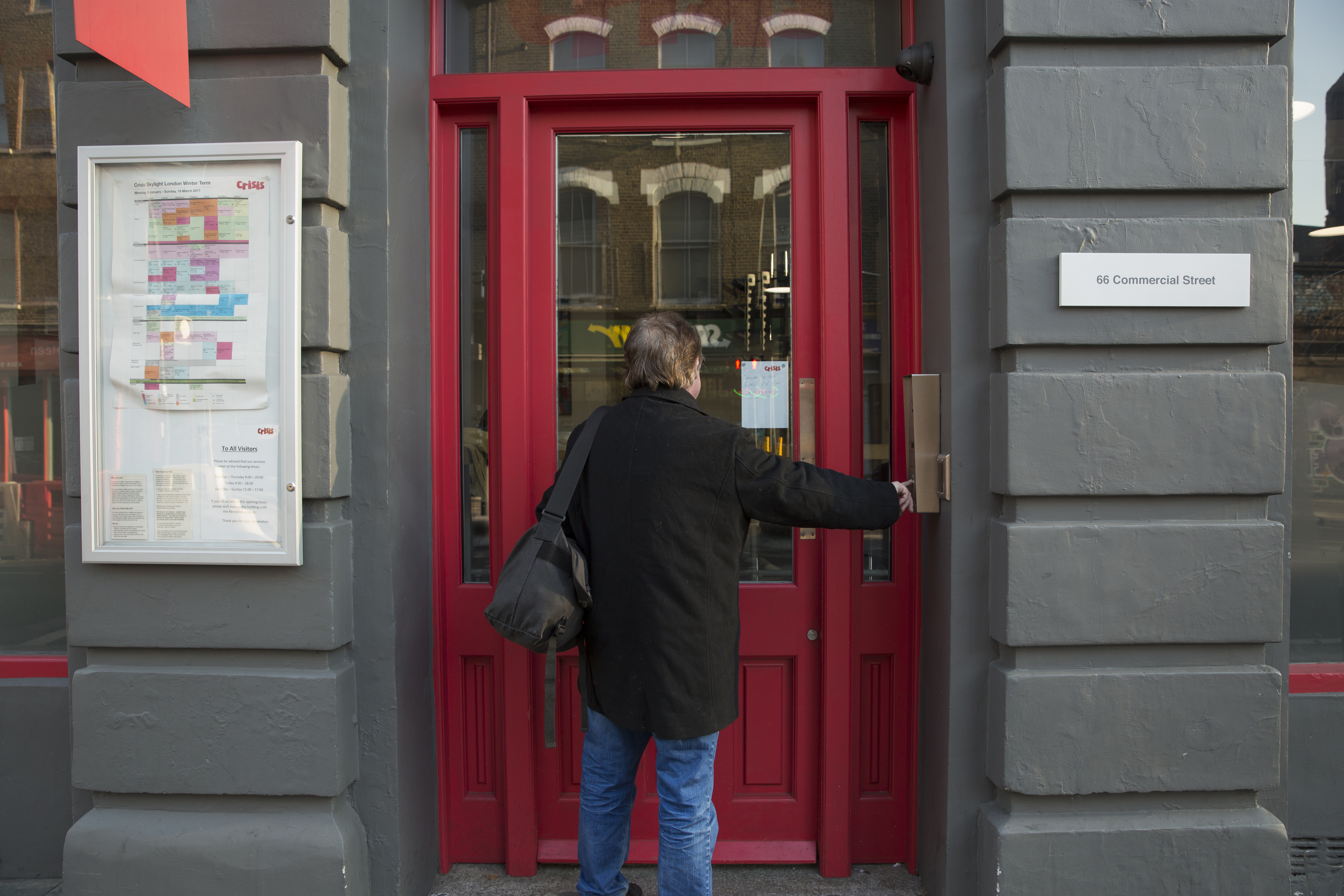Model walking into Crisis Skylight.