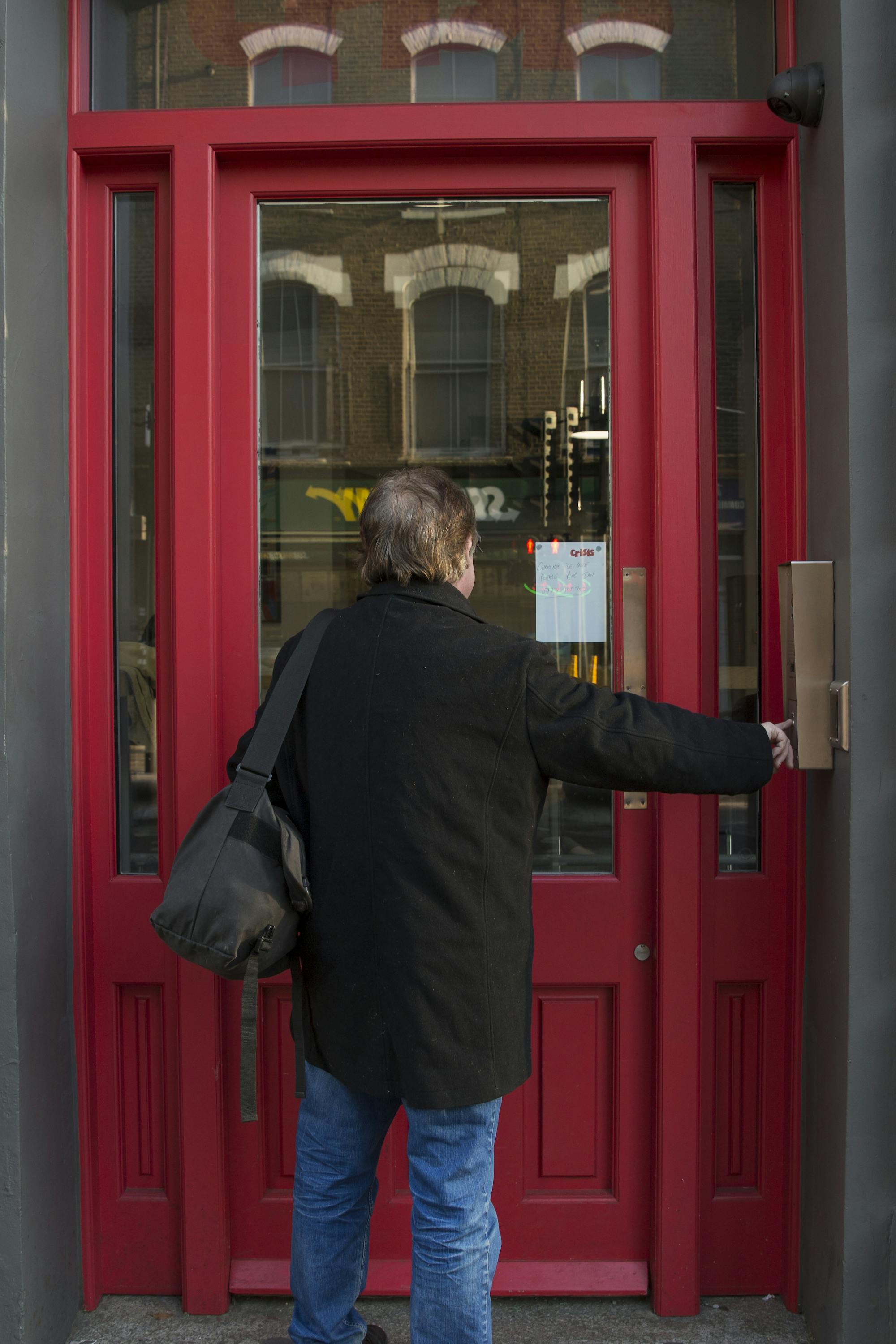 Model walking into Crisis Skylight.