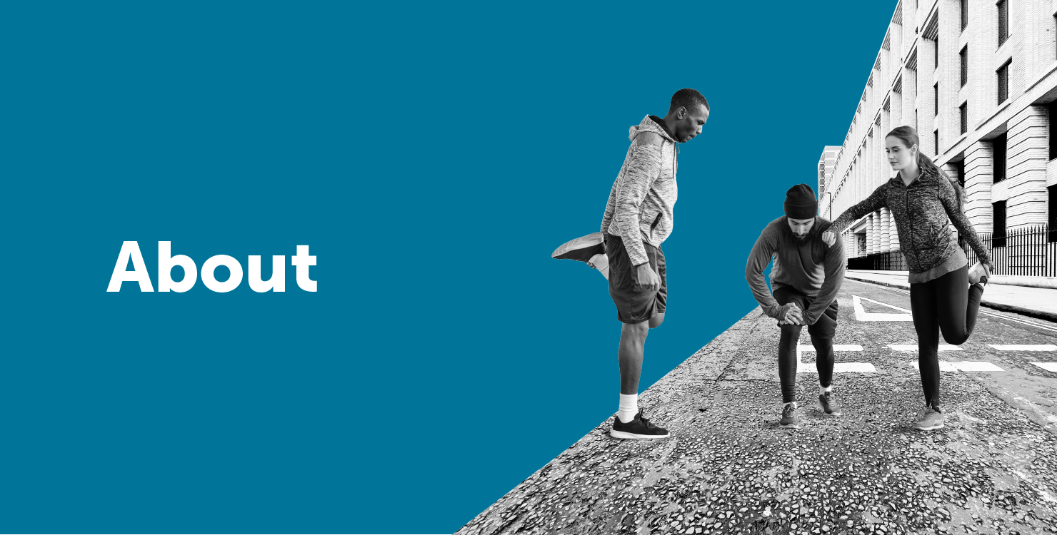 About banner with people stretching pre-walk.