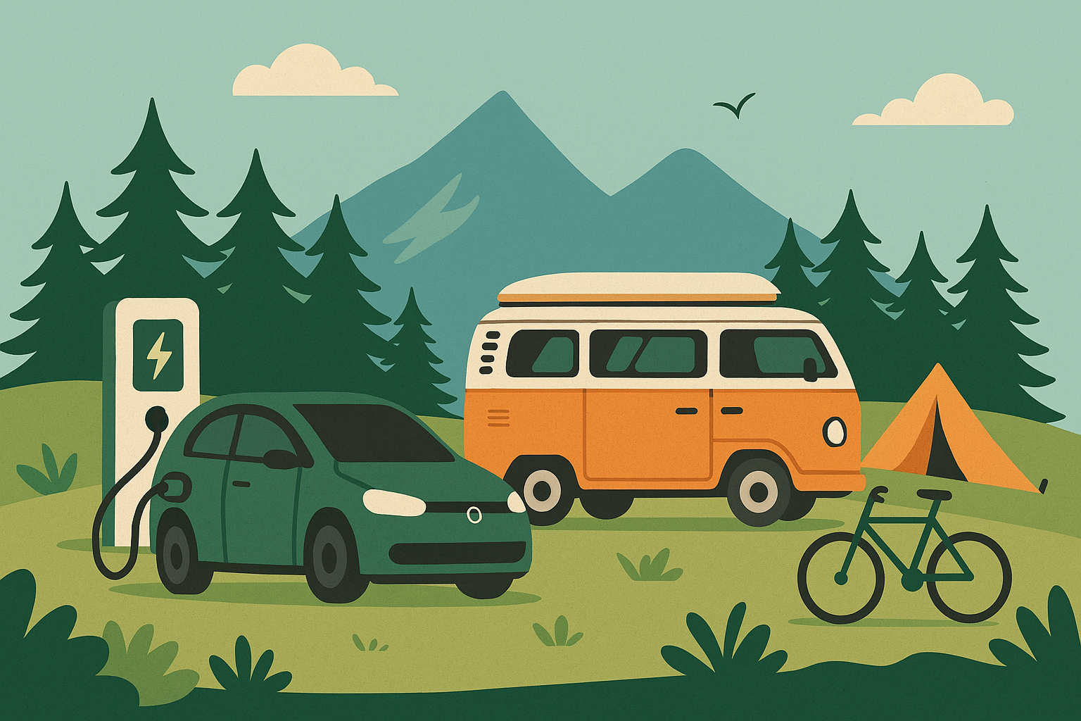 KI generiertes Bild einer Illustration von einem Campingplatz mit E-Auto, Van, Fahrrad und Zelt
