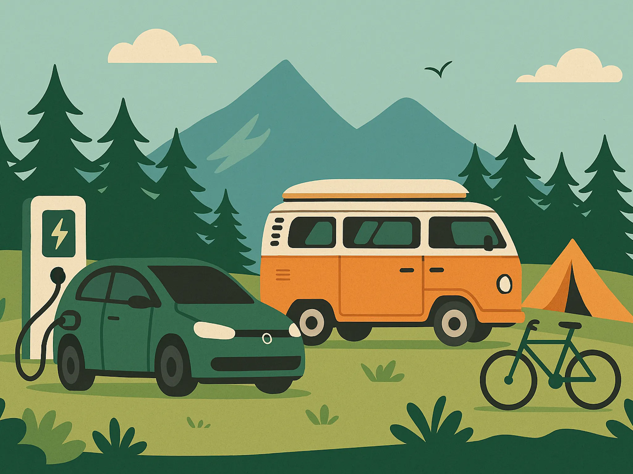 KI generiertes Bild einer Illustration von einem Campingplatz mit E-Auto, Van, Fahrrad und Zelt