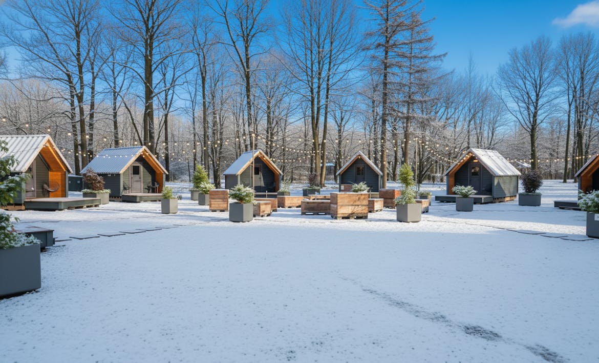 KI bearbeitetes Bild von den Alphütten Mietunterkünften in Bad Ragaz mit Schnee und bei blauem Himmel